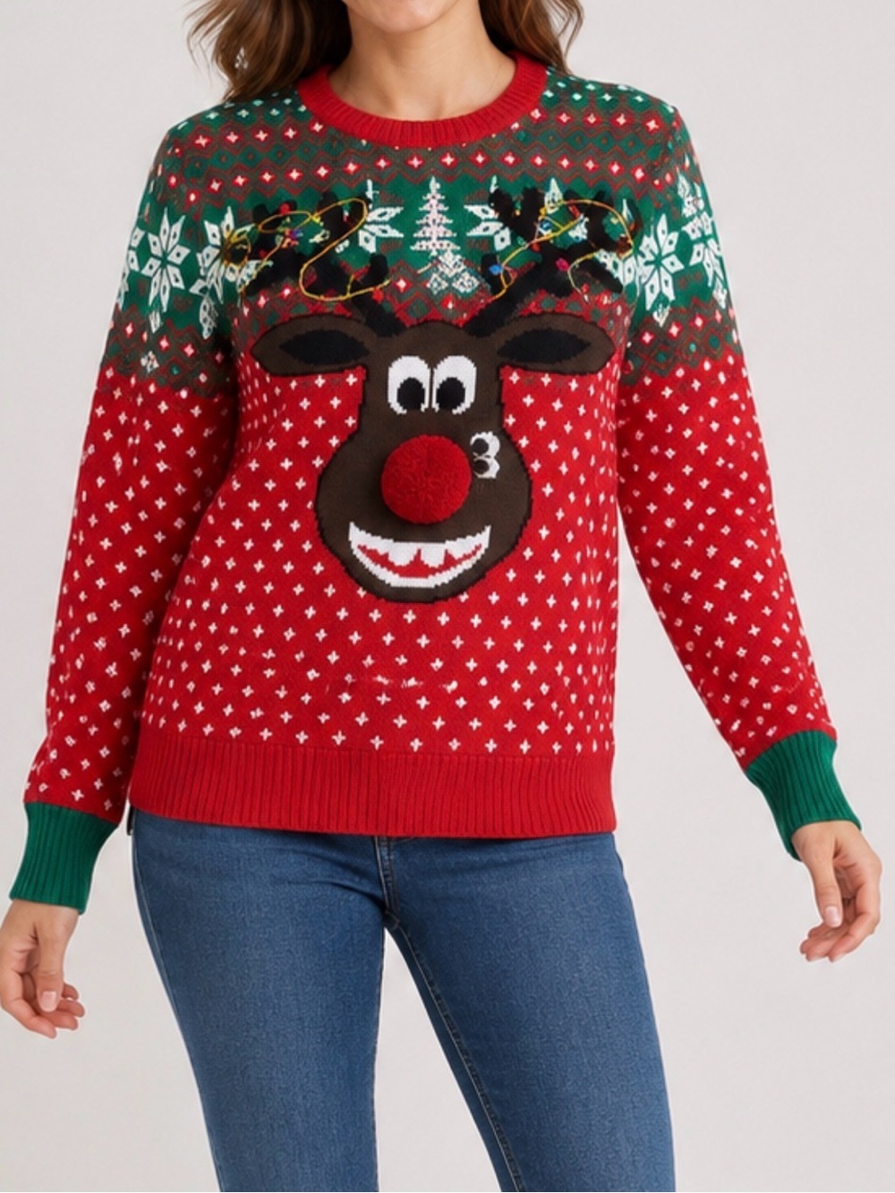 Ugly Christmas Sweater Red & Green Reindeer Crewneck